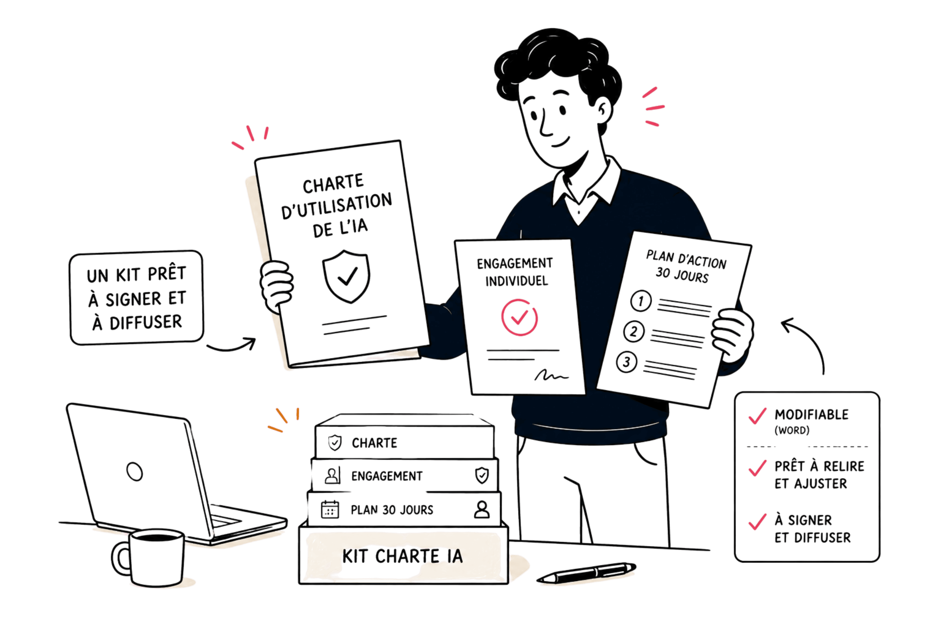 Illustration d'un dirigeant présentant un kit de charte IA prêt à utiliser